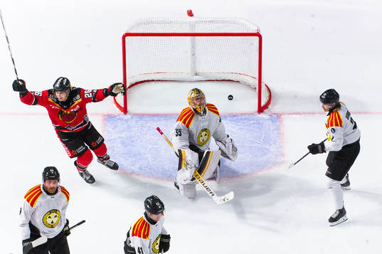 Luleås Radek Muzik jublar och Brynäs målvakt Veini