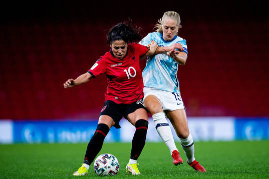 Qendresa Krasniqi of Albania and Amalie Vevle Eikeland of