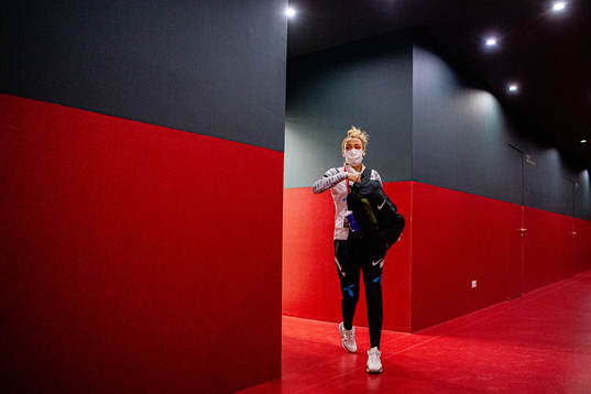 Celin Bizet Ildhusøy of Norway arrives wearing a face mask
