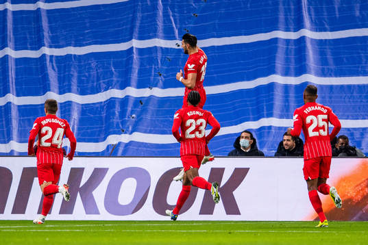 Rafa Mir of Sevilla celebrates scoring 0-1
