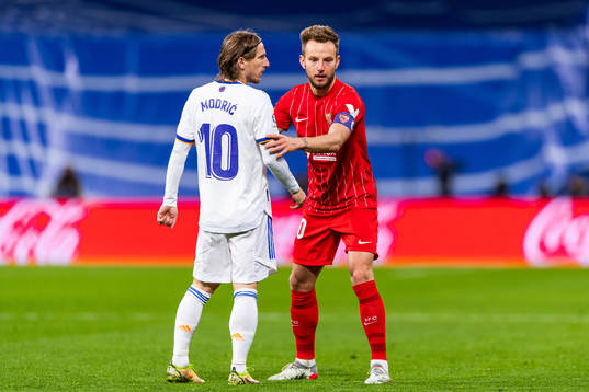 Luka Modric of Real Madrid and Ivan Rakitic of Sevilla