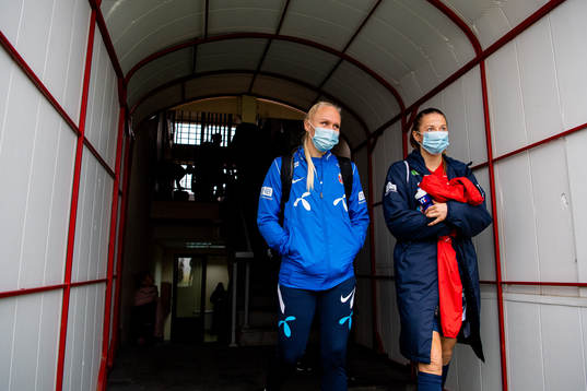 Maria Thorisdottir and goalkeeper Cecilie Fiskerstrand of