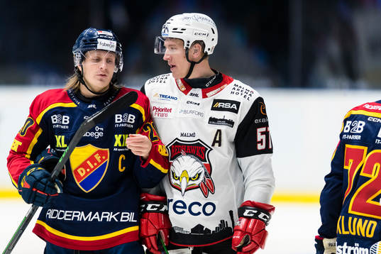 Malmö Redhawks Emil Sylvegård diskuterar med Djurgårdens