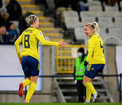 Lina Hurtig and Hanna Glas of Sweden celebrate the 1-0 goal