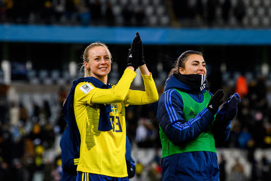 Amanda Ilestedt and goalkeeper Zecira Musovic of Sweden