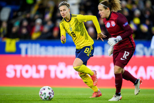 Lina Hurtig of Sweden and goalkeeper Maria Korenciova of