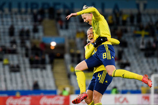 Hanna Glas and Lina Hurtig of Sweden celebrate the 1-0 goal