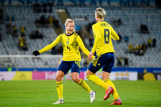 Hanna Glas and Lina Hurtig of Sweden celebrate the 1-0 goal