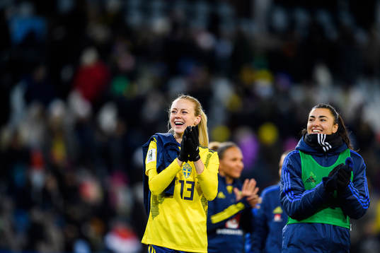 Amanda Ilestedt and goalkeeper Zecira Musovic of Sweden