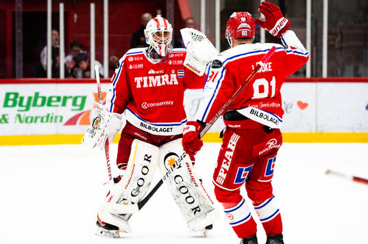 Timrås målvakt Jacob Johansson och Jens Lööke jublar