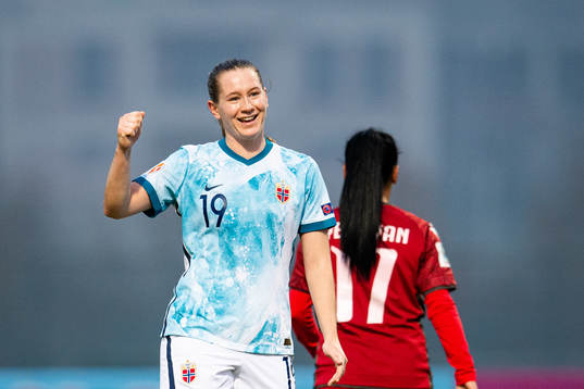 Elisabeth Terland of Norway celebrates scoring 0-1