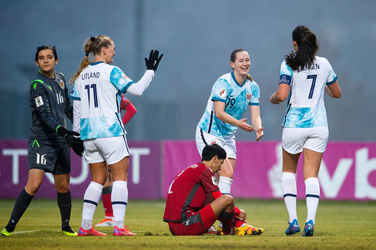 Elisabeth Terland of Norway celebrates scoring 0-2