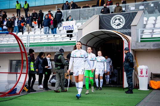 Ingrid Syrstad Engen of Norway enters the pitch