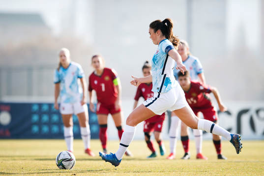 Ingrid Syrstad Engen of Norway strikes a penalty kick and