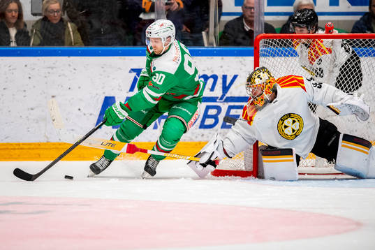 Rögles Ted Brithén  och Brynäs målvakt Veini