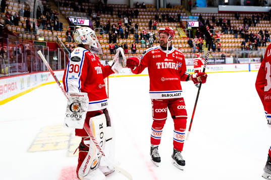Timrås målvakt Jacob Johansson och Tim Erixon jublar