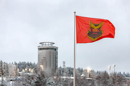 En flagga med Östersunds klubbmärke på med Arctura i
