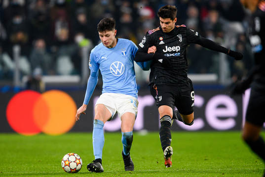 Anel Ahmedhodzic of Malmö FF and Alvaro Morata of Juventus