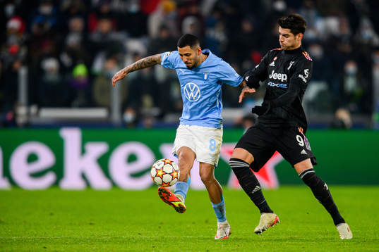Sergio Pena of Malmö FF and Alvaro Morata of Juventus