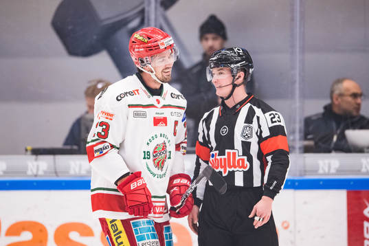 Modos Daniel Sylwander diskuterar med domaren