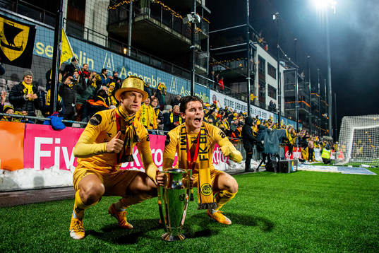 Erik Botheim and Hugo Vetlesen of Bodø/Glimt celebrate