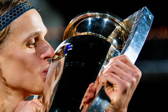 Ulrik Saltnes of Bodø/Glimt kisses the trophy winning the