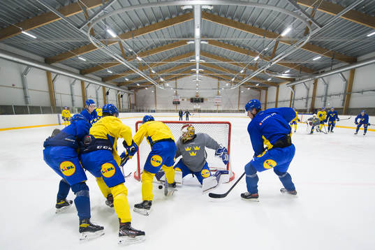 Goaltender Jesper Wallstedt and Daniel Torgersson of the