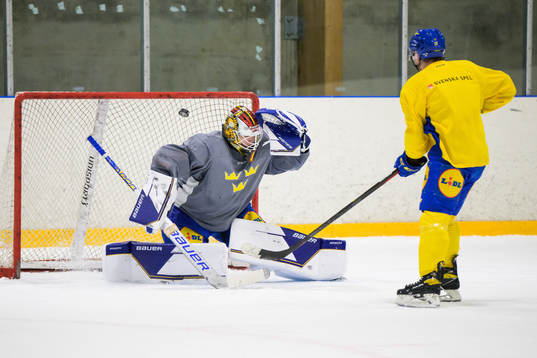 Goaltender Jesper Wallstedt and Zion Nybeck of the Swedish