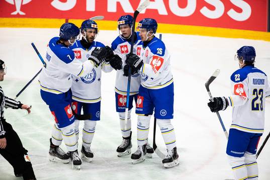 Patrik Norén of Leksand  celebrate with teammates
