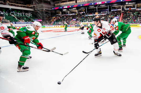 Leon Bristedt of Rögle, Dennis Everberg and Patrik Prymula