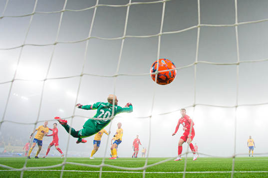 Kasper Holmboe Skaanes of Brann scores the 2-3 goal