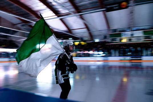 Fanbärare före ishockeymatchen i Hockeyallsvenskan mellan