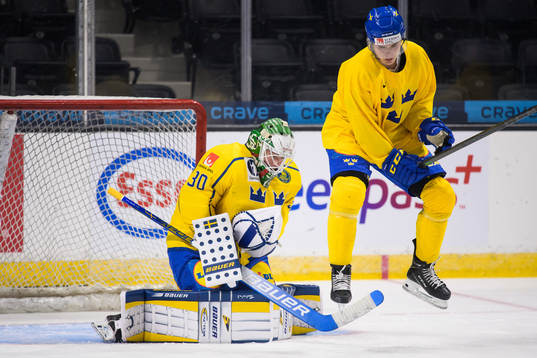Goaltender Calle Clang and Elliot Ekmark of the Swedish