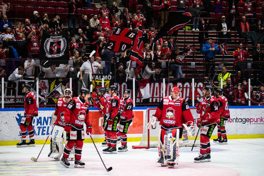 Malmö Redhawks spelare jublar mot supportrar