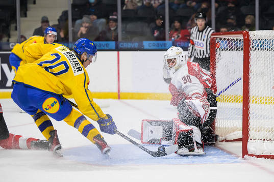 Albert Sjöberg of Sweden scores 2-0 behind goaltender