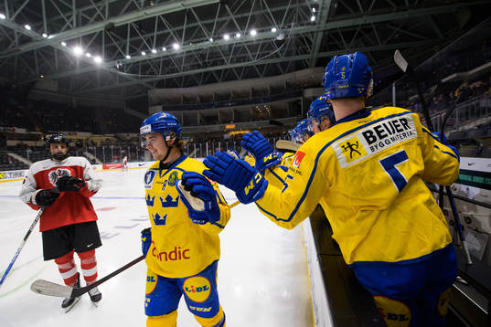 Alexander Holtz of Sweden celebrates scoring the 3-0 goal