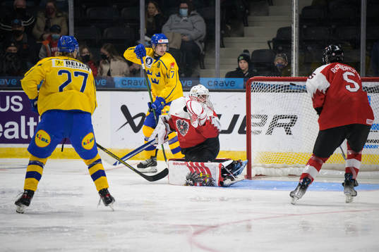 Goaltender Sebastian Wraneschitz of Austria lets in the 3-0