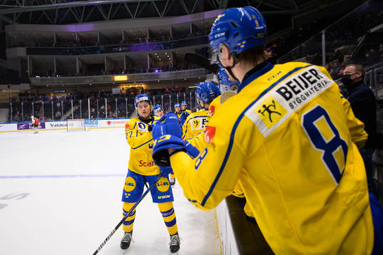 Theodor Niederbach of Sweden celebrates scoring the 6-0 goal