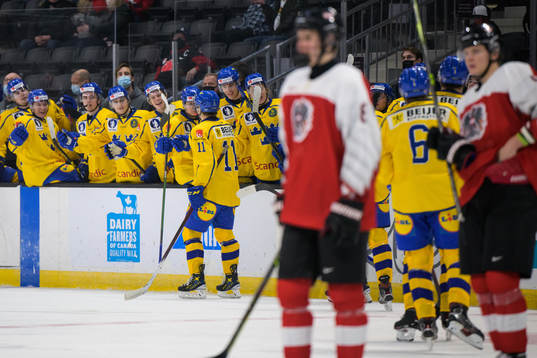 Fabian Lysell of Sweden celebrates with teammates