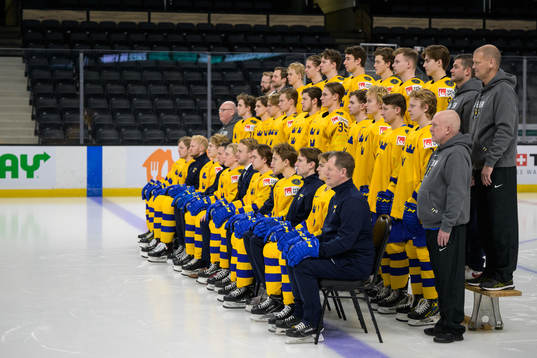 Players and coaching staff of Sweden pose for a team photo