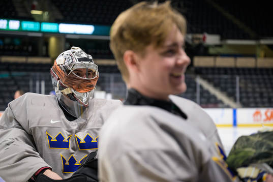 Goaltender Jesper Vikman of Sweden at a training session