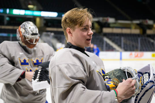 Goaltender Calle Clang of Sweden at a training session