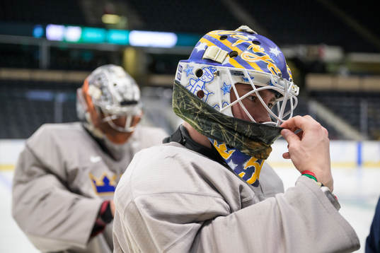Goaltender Calle Clang of Sweden at a training session