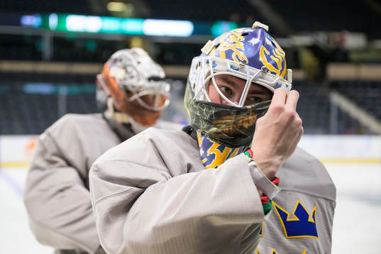 Goaltender Calle Clang of Sweden at a training session
