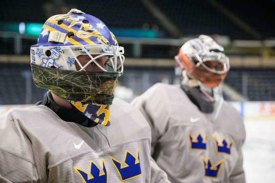 Goaltender Calle Clang of Sweden at a training session