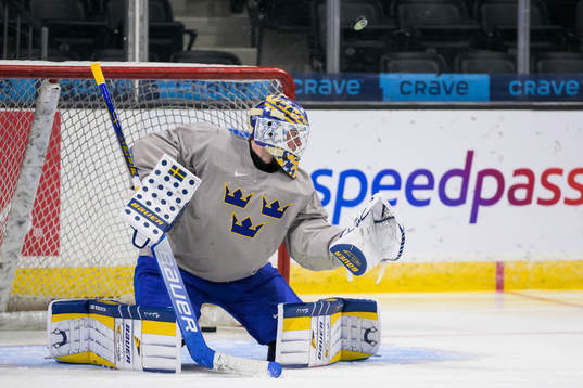 Goaltender Calle Clang of Sweden at a training session