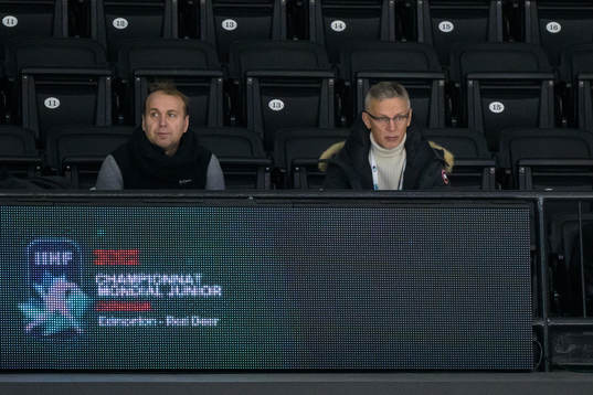 Igor Larionov of Russia (R) watches the training session of