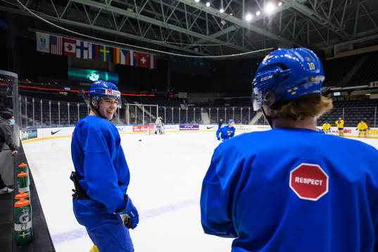 Daniel Torgersson and Alexander Holtz of Sweden at a