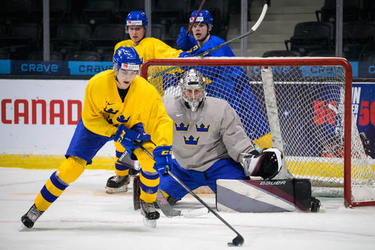 Goaltender Jesper Vikman of Sweden at a training session