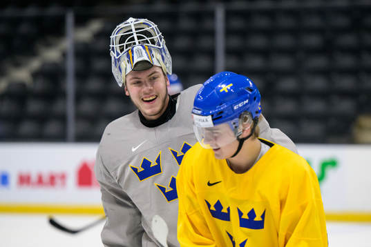 Goaltender Jesper Wallstedt and Elliot Ekmark of Sweden at